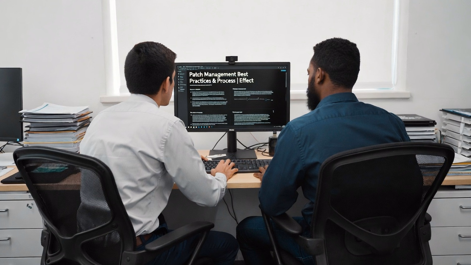 SIDE-BY-SIDE PAIR, two people seated side by side reviewing something on a
