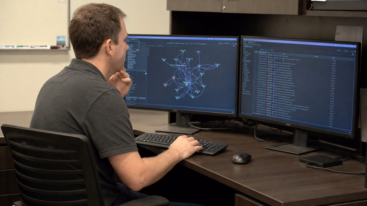 DUAL MONITOR DESK, one person at a corner desk with two large monitors A