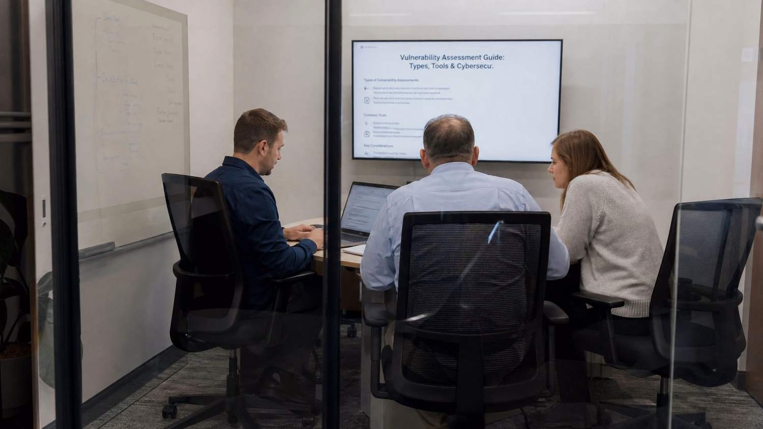 SMALL CONFERENCE ROOM An IT professional three people seated around a small