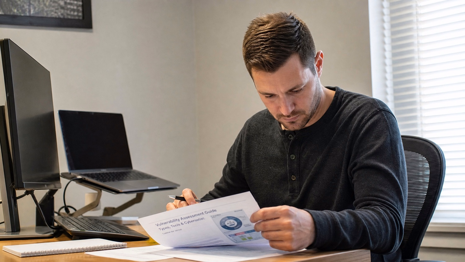 FOCUSED READING An IT professional one person seated at a desk reading print