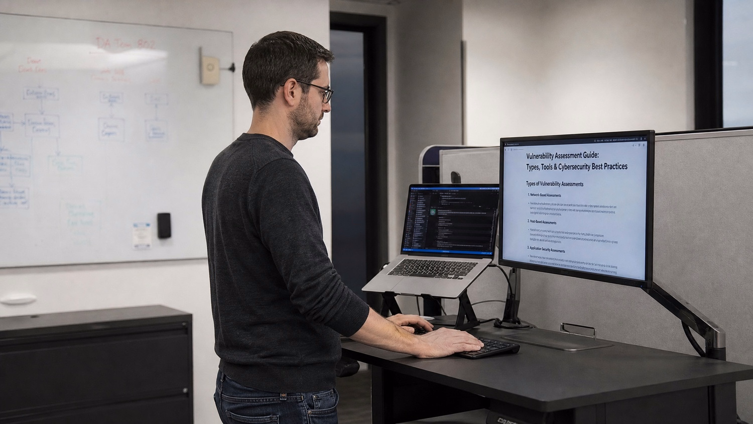 STANDING DESK An IT professional one person standing at a height-adjustable