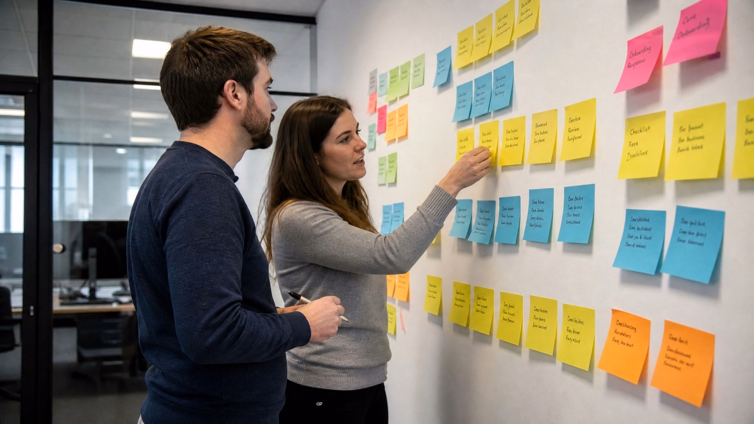 STICKY NOTE WALL An IT professional two people standing at a wall covered wi