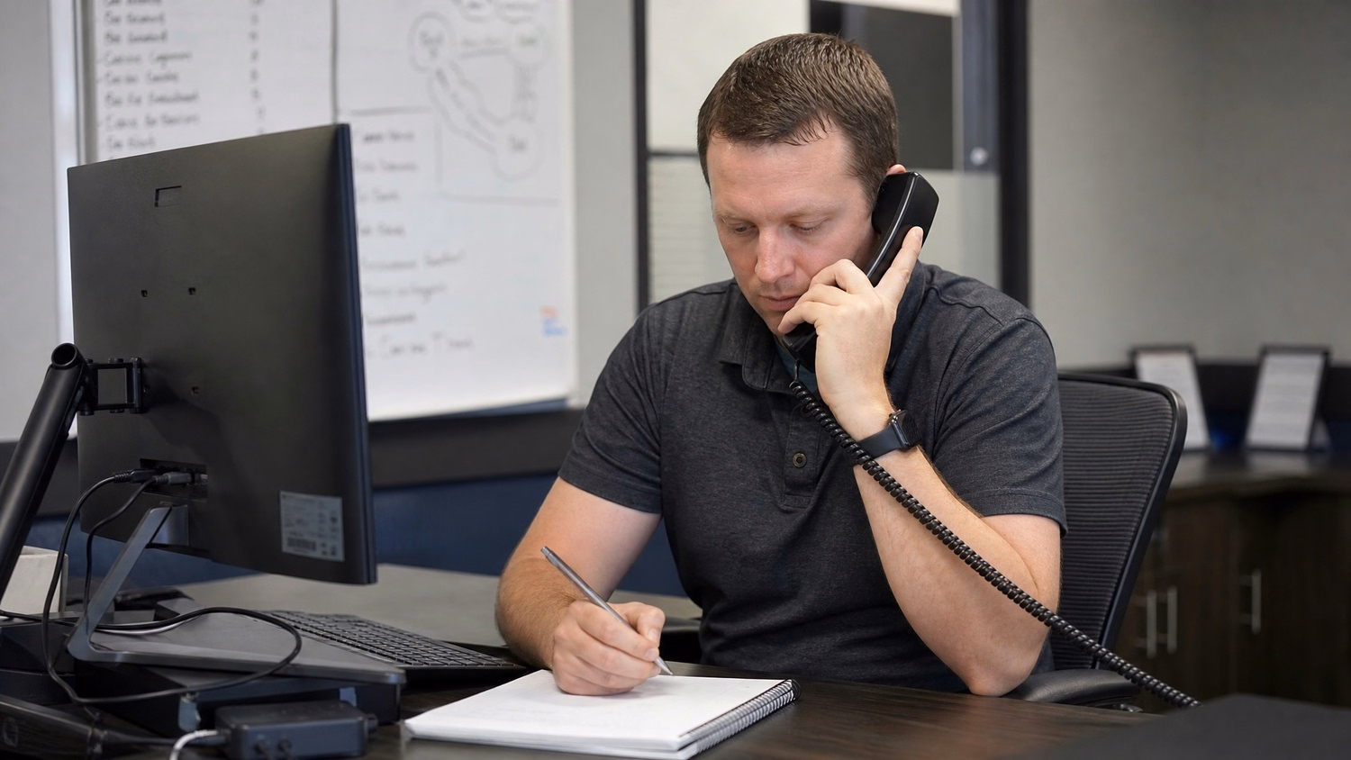 PHONE CALL AT DESK An IT professional one person at a desk with phone to one