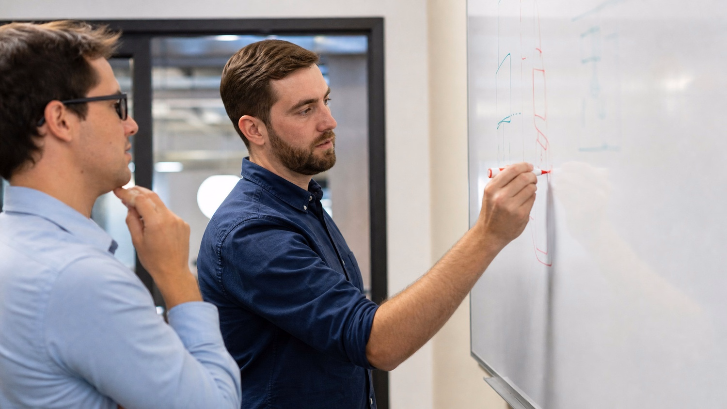 WHITEBOARD SESSION An IT professional one or two people standing at a whiteb