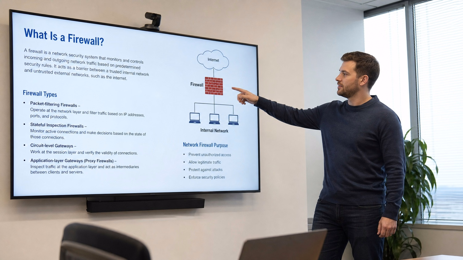 PRESENTATION SCREEN An IT professional one person standing beside a large wa