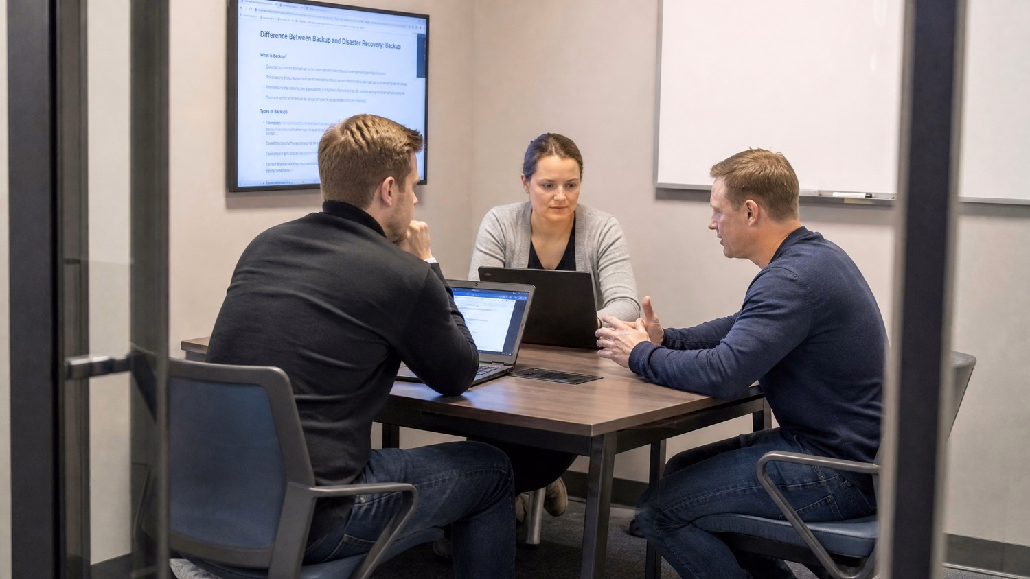 SMALL CONFERENCE ROOM An IT professional three people seated around a small
