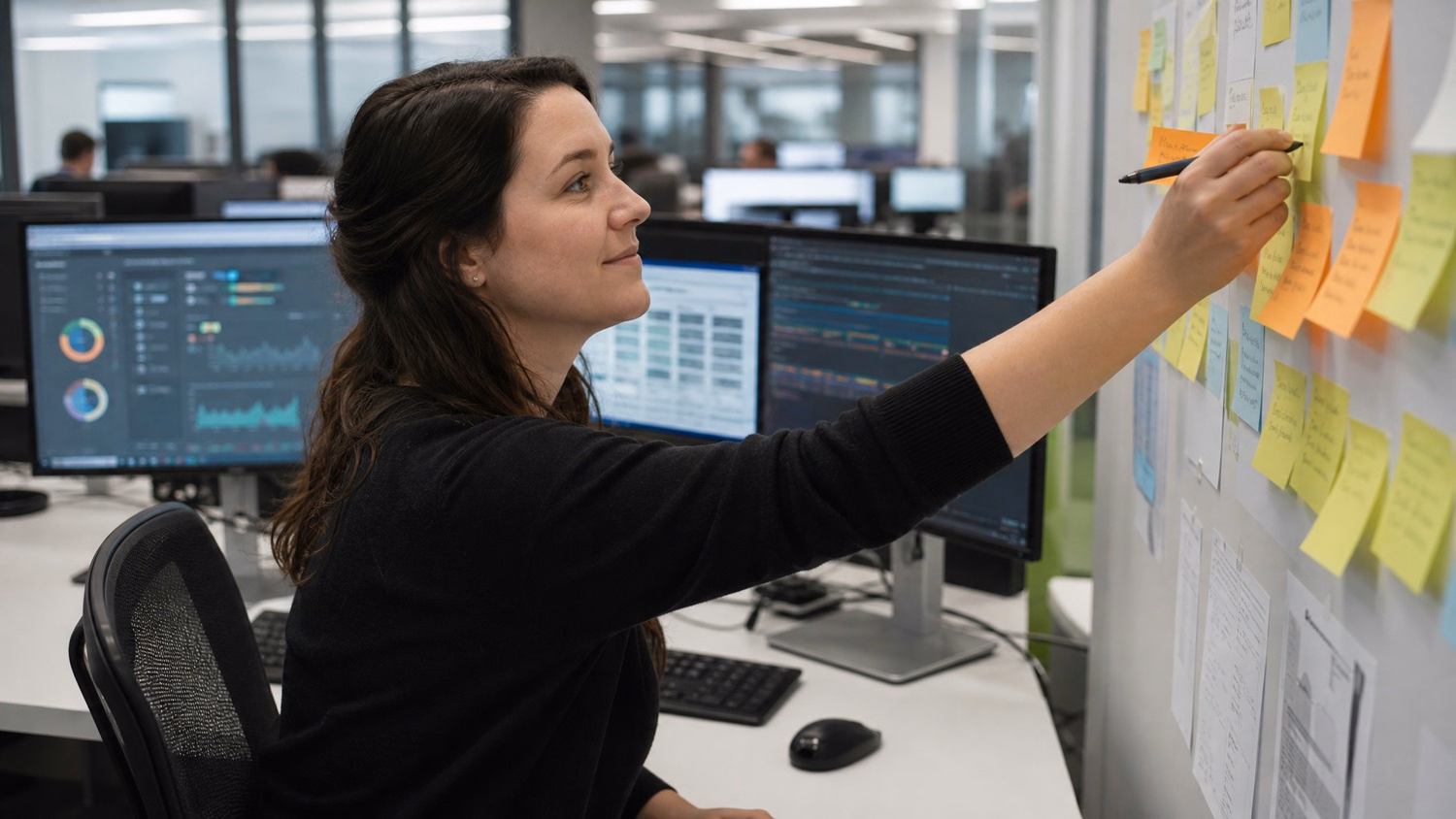 Woman adds IaaS security compliance sticky note to desk wall 72 chars