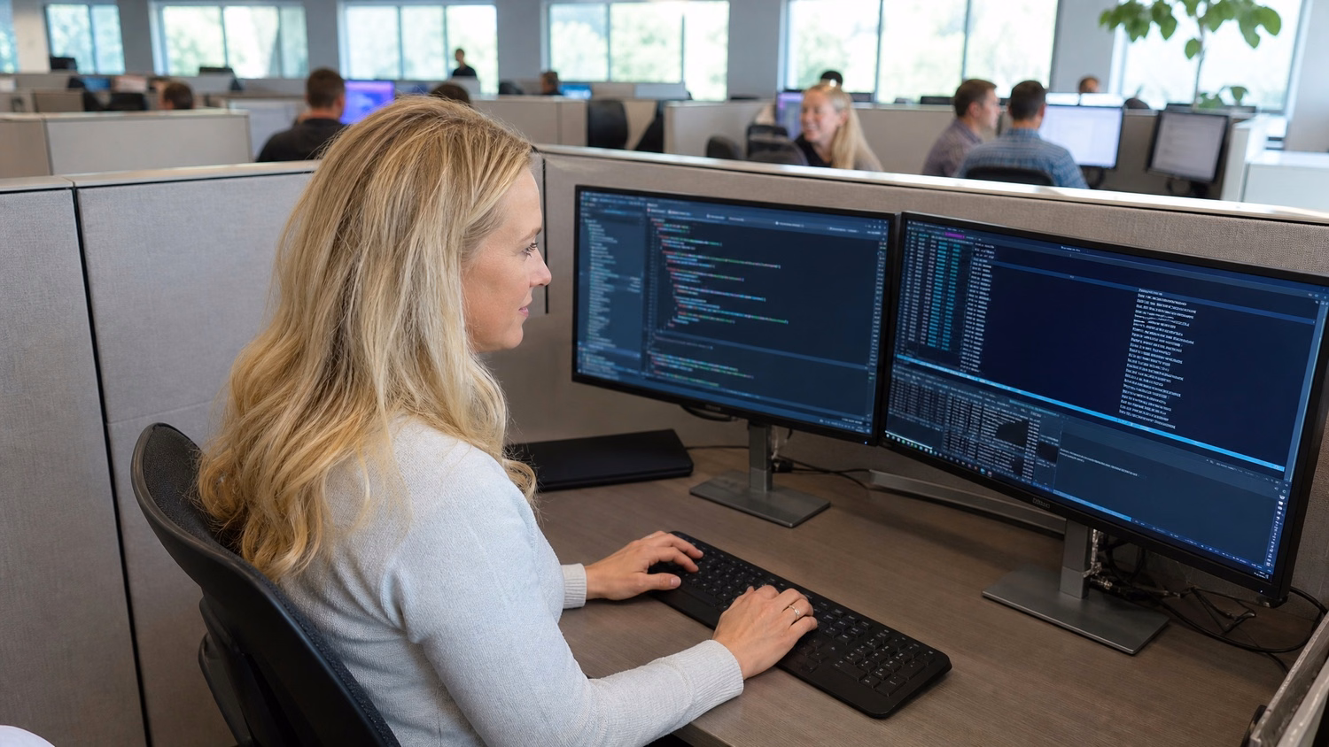 Penetration tester typing, reviewing code on dual monitors