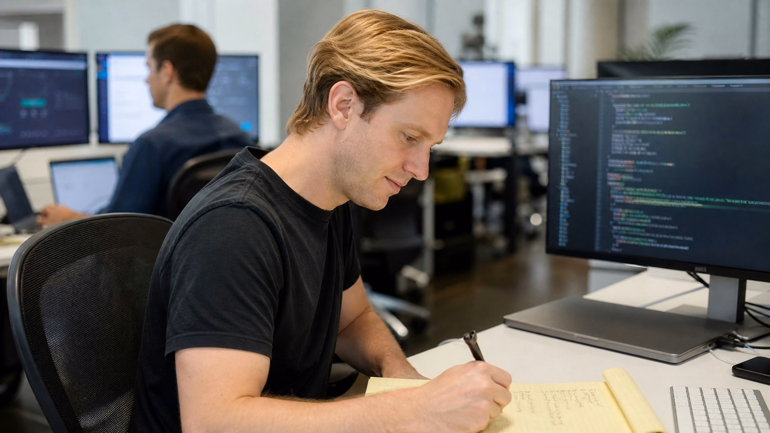 Man at desk writes notes, code on external monitor 61