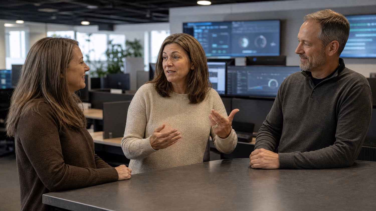 Office team huddle discusses security alert data breach