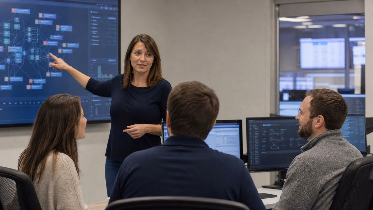 Woman briefs colleagues on dark web threat, pointing at data flow 72