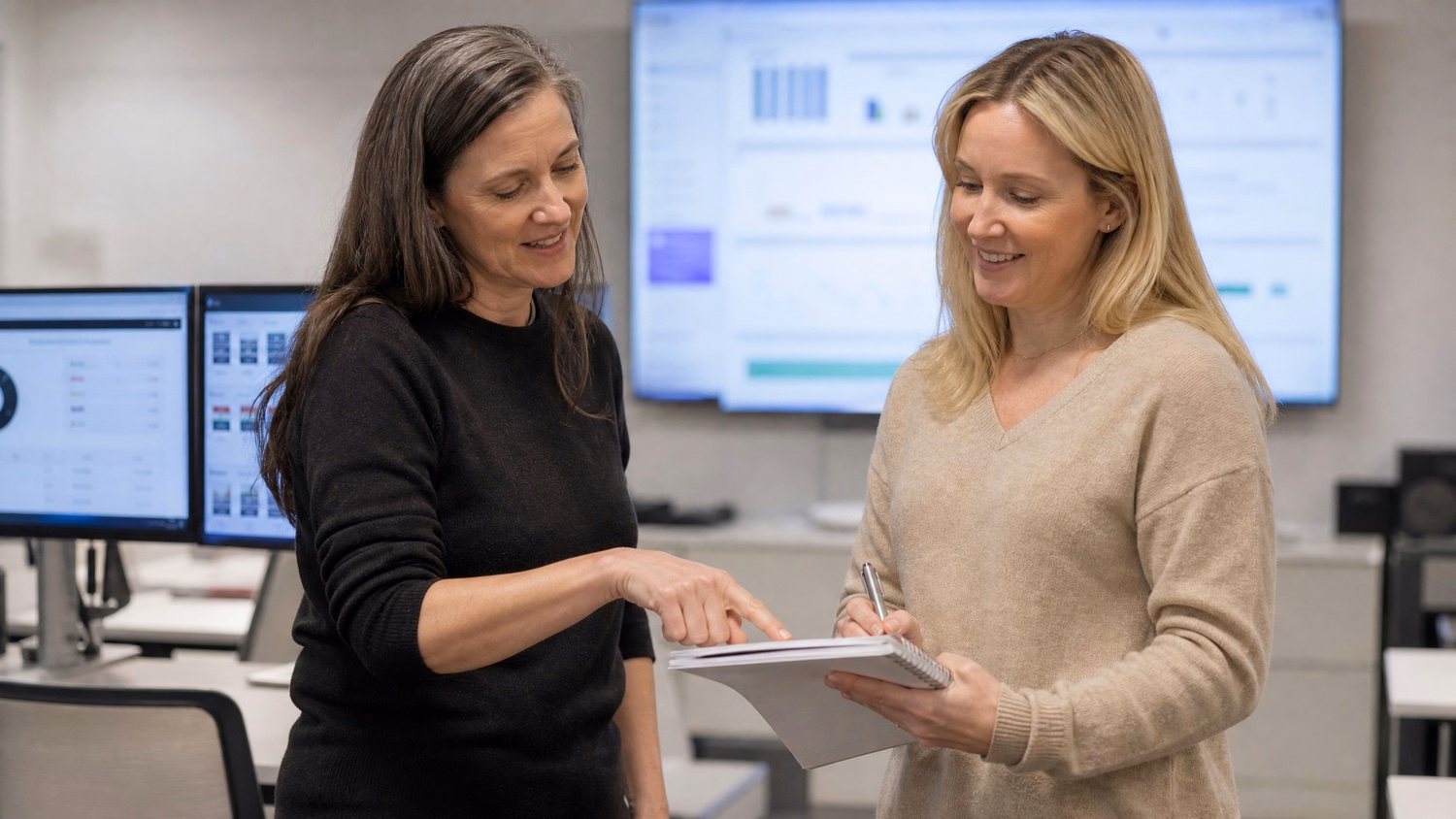 Two women in breakroom, one holding notebook, discussing