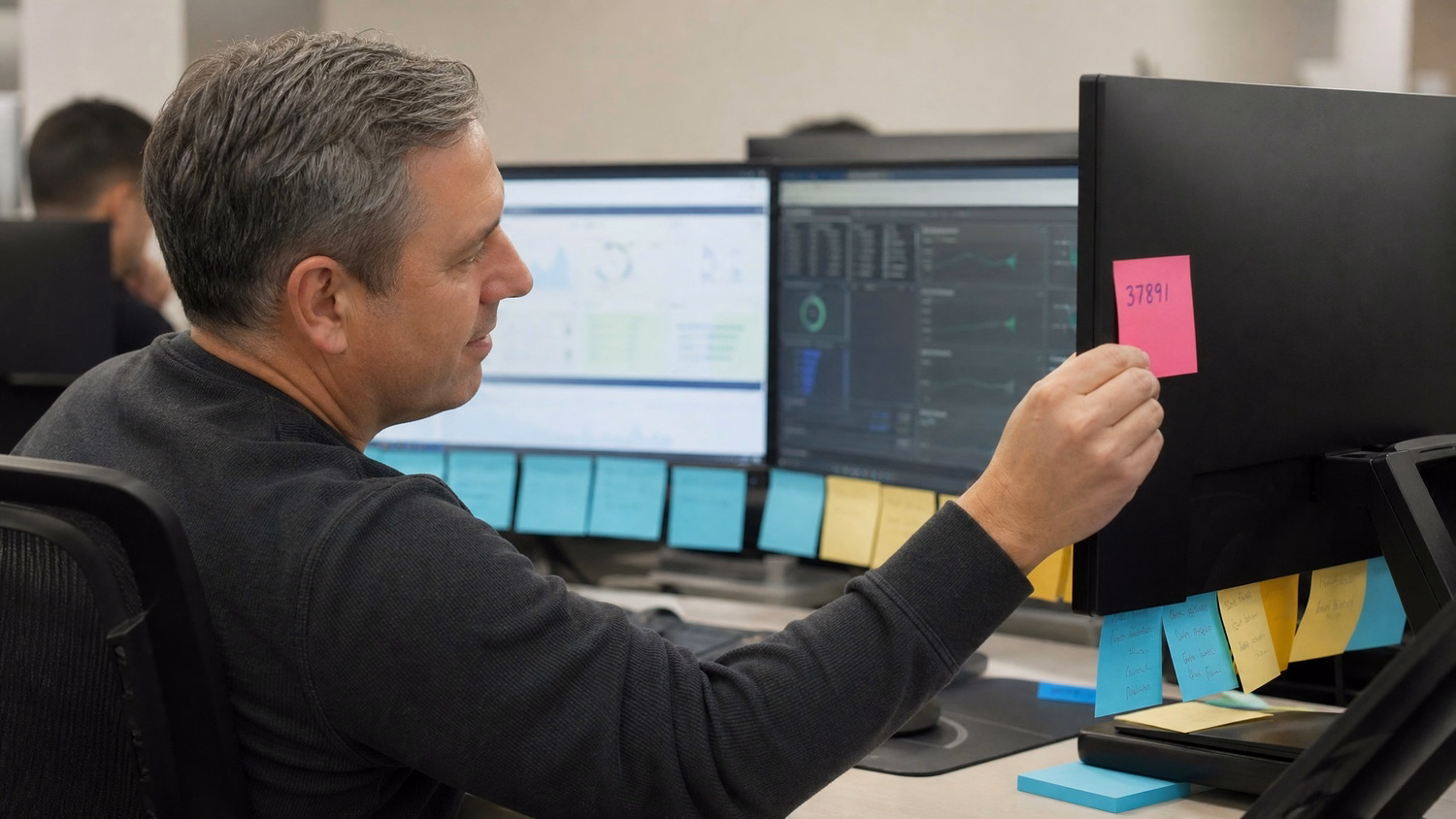 Man adds pink sticky note to monitor covered in notes