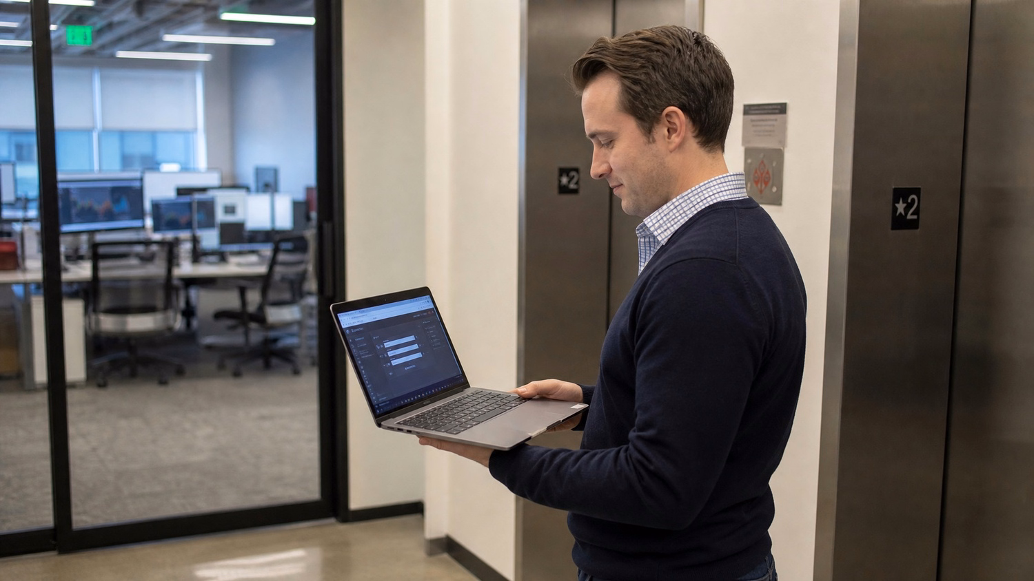 Man with laptop waits for elevator, viewing login portal 63 chars