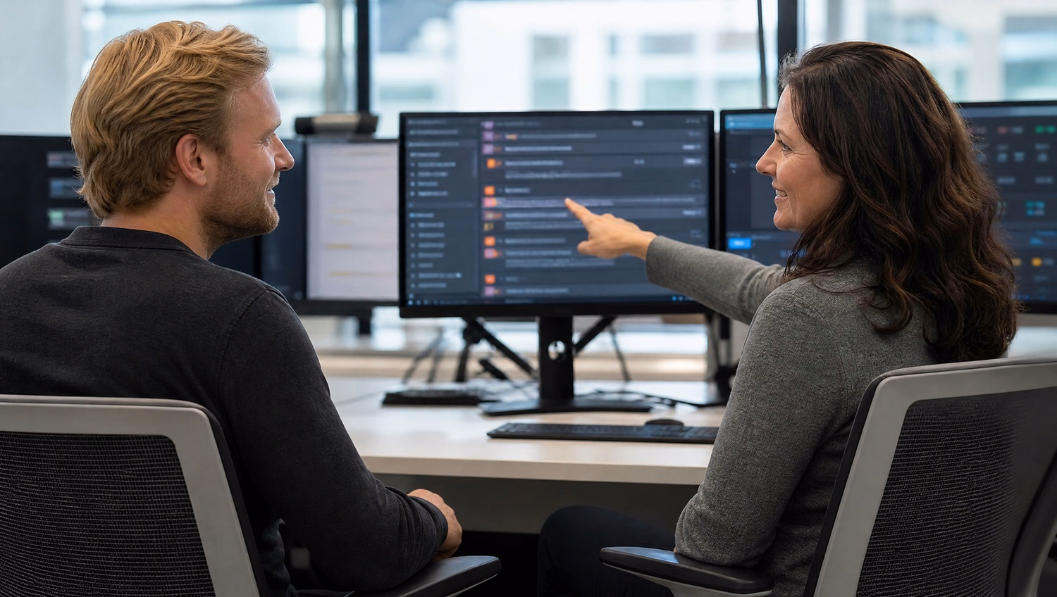 Two colleagues discussing security alert on screen 48 chars
