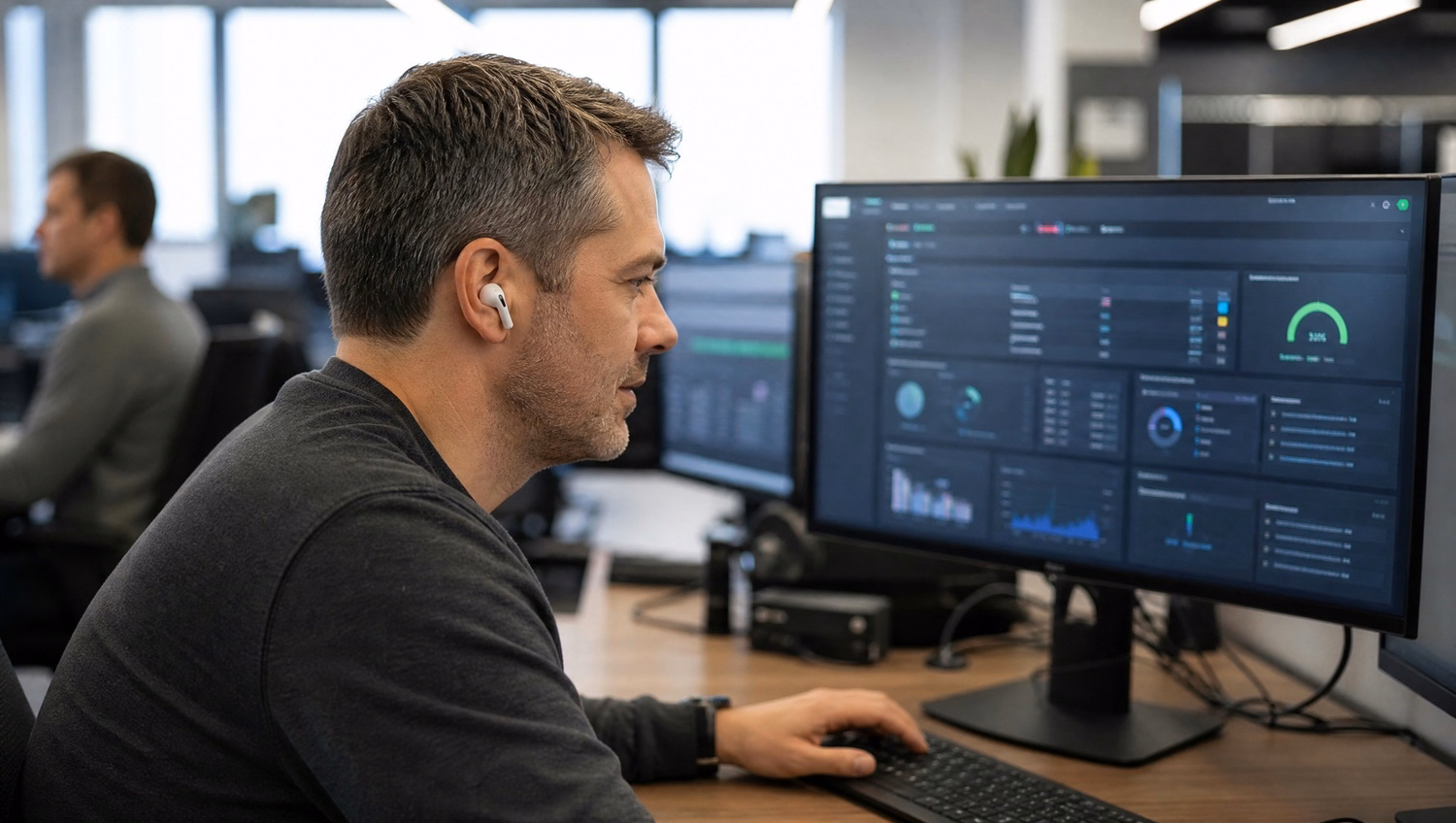Man with earbuds reviews authentication dashboard on monitor 73 chars