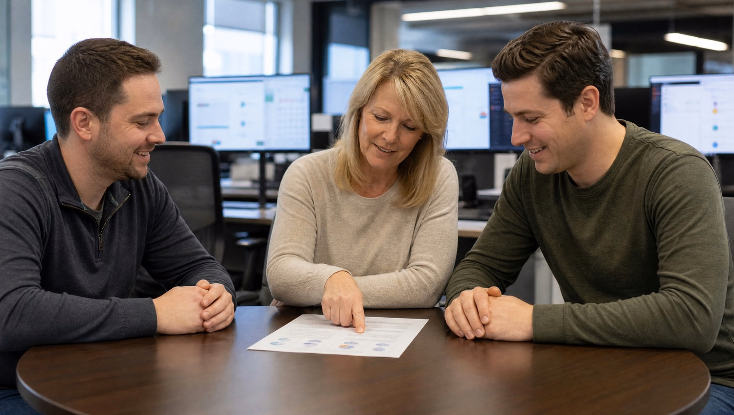 Team discusses authentication factors at round table office meeting