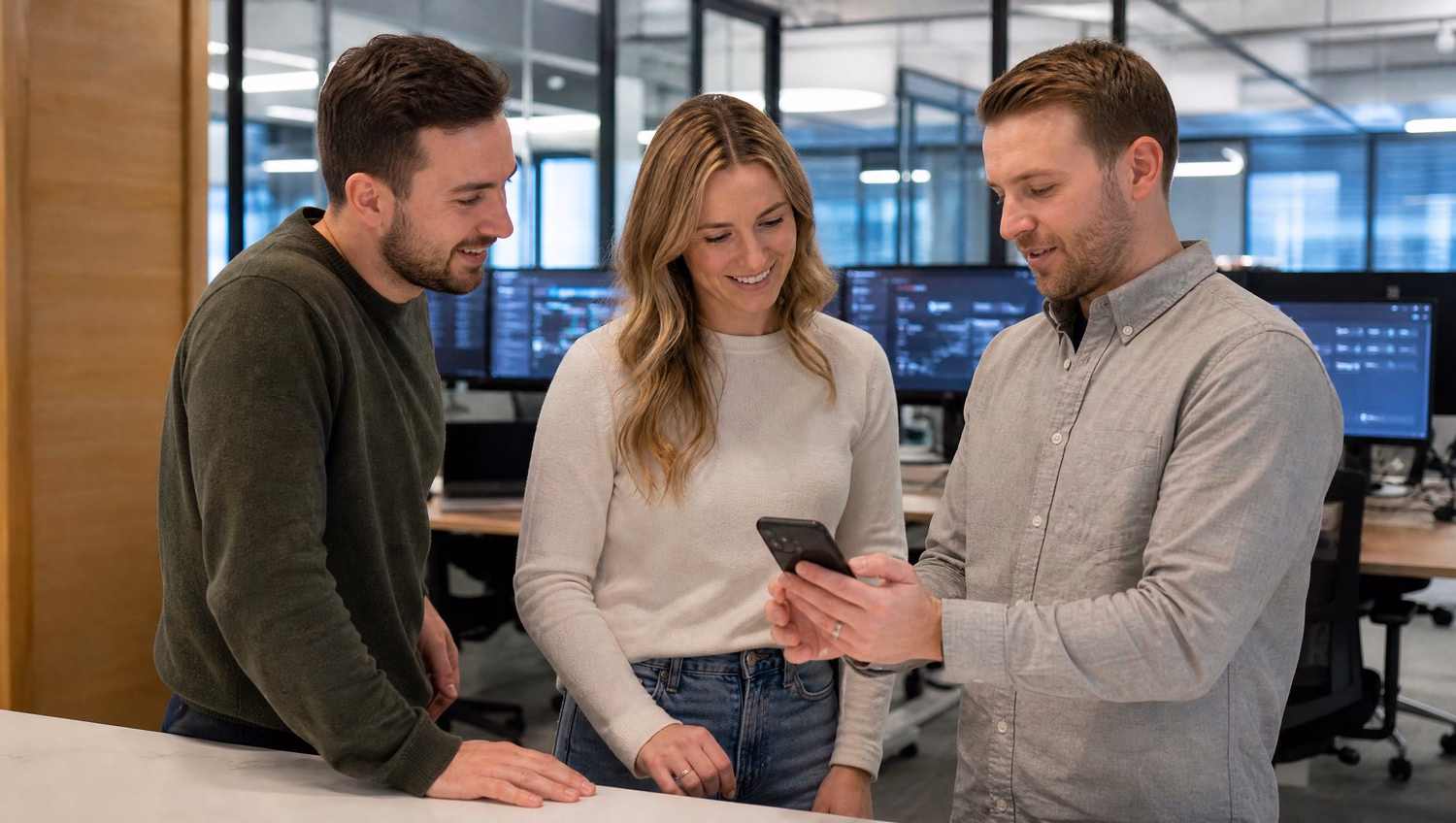 Colleagues review smartphone push alert at office kitchen island
