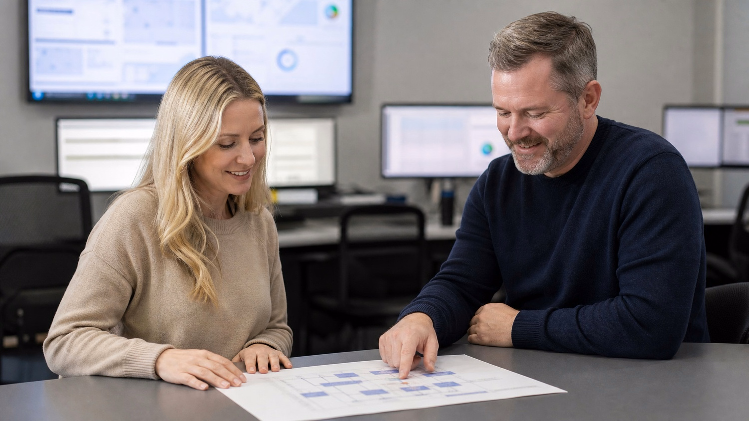 Cybersecurity team reviewing network diagram at bench