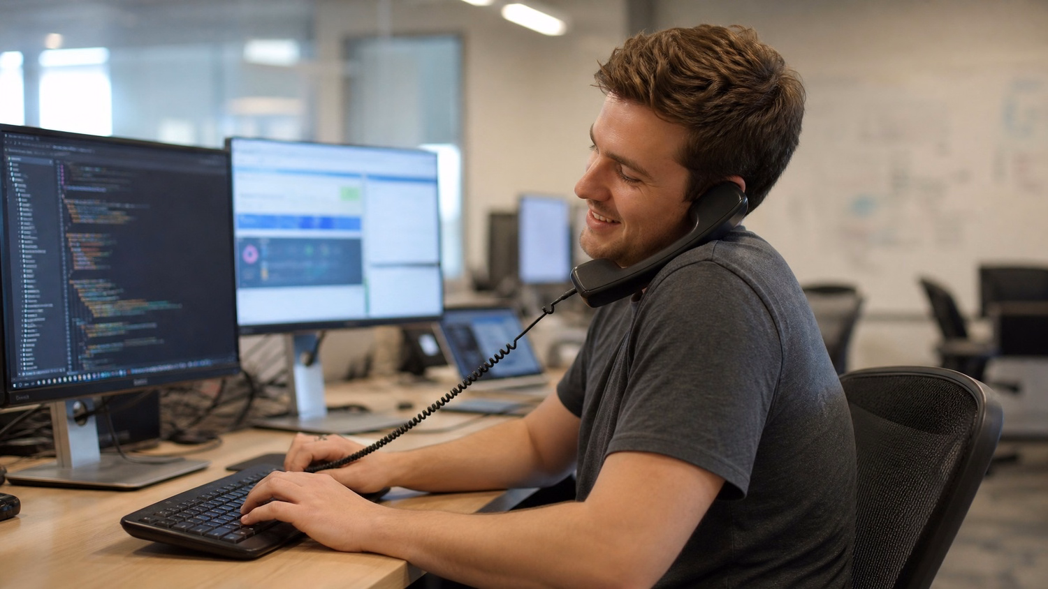 Man with phone on shoulder types code on keyboard 61 chars