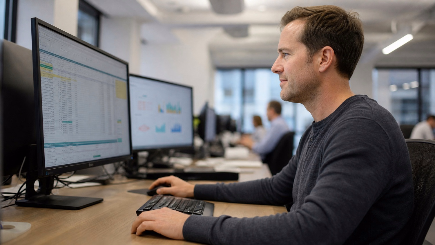Mentor over shoulder advises colleague at computer screen