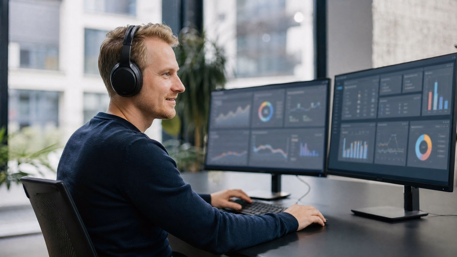 IT professional focused on dual monitors and keyboard