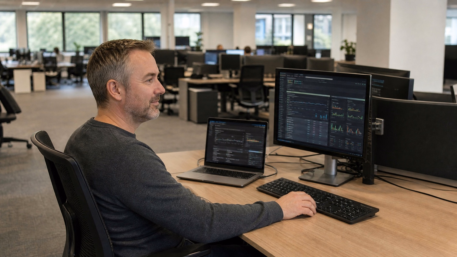 Employee at isolated desk reviews system logs on computer 58
