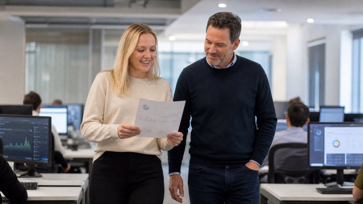 Employees discuss data security report in office walkthrough