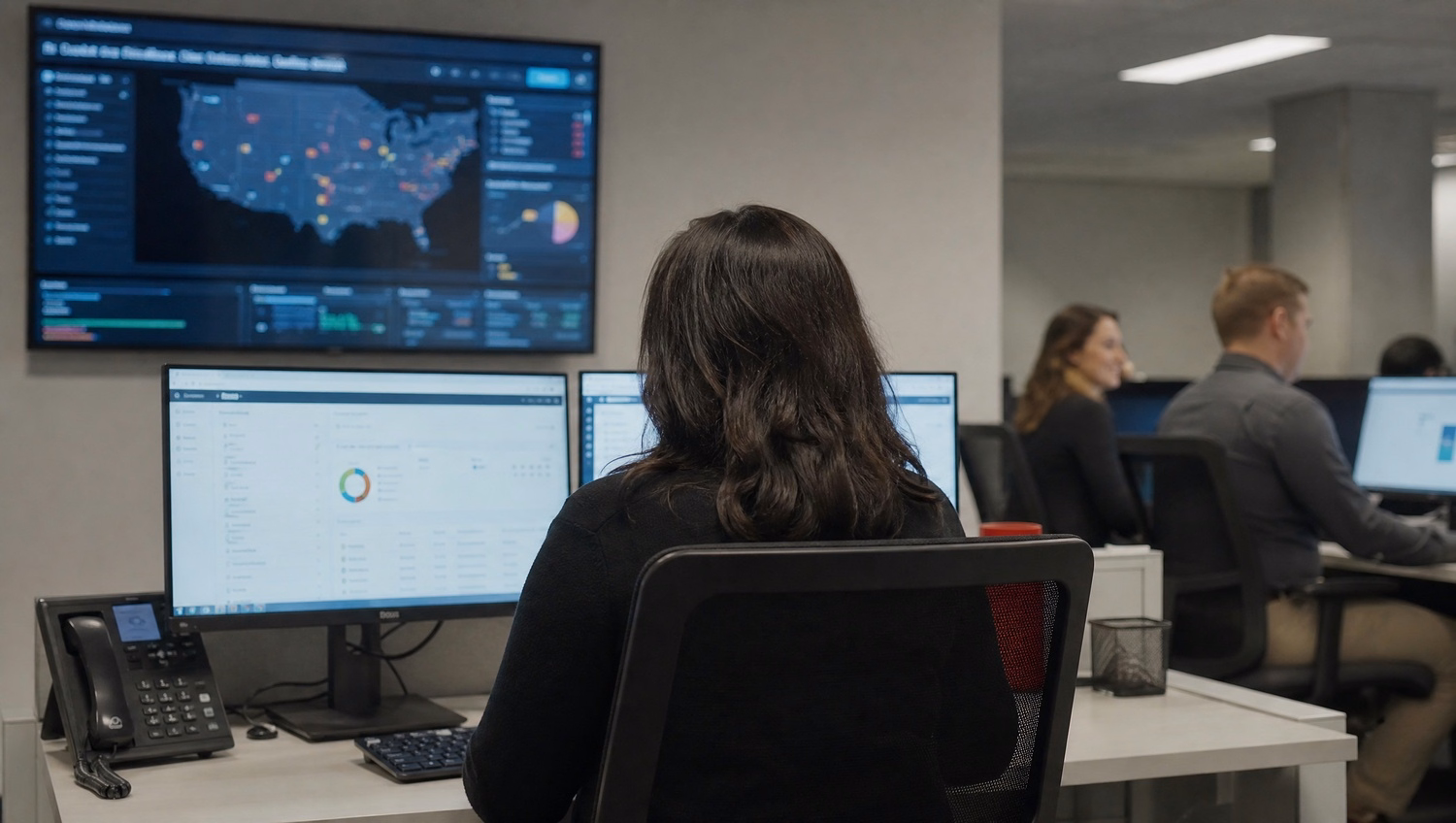 Woman at desk reviews security alerts on monitor