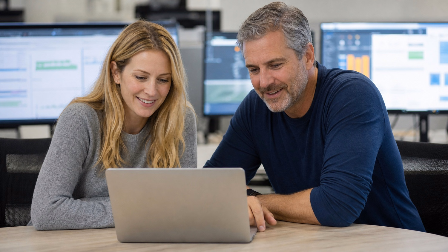 Couple reviewing cloud migration strategy on laptop 52 chars