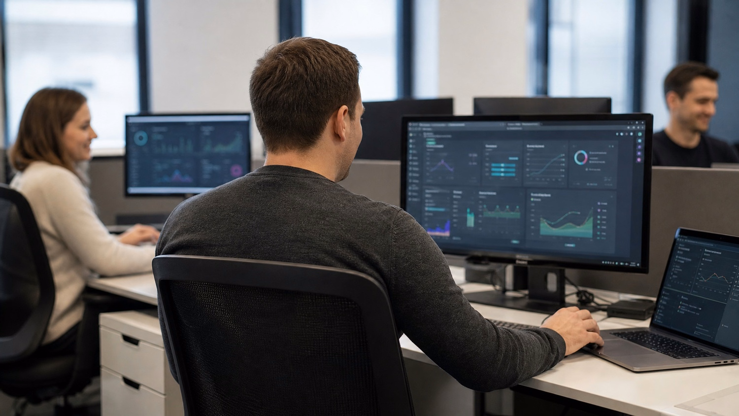 Employee reviewing data access dashboard at desk