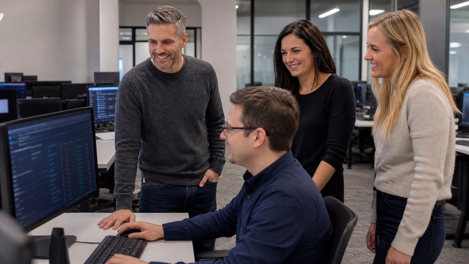 Coworkers discuss project at standing desk cluster 56