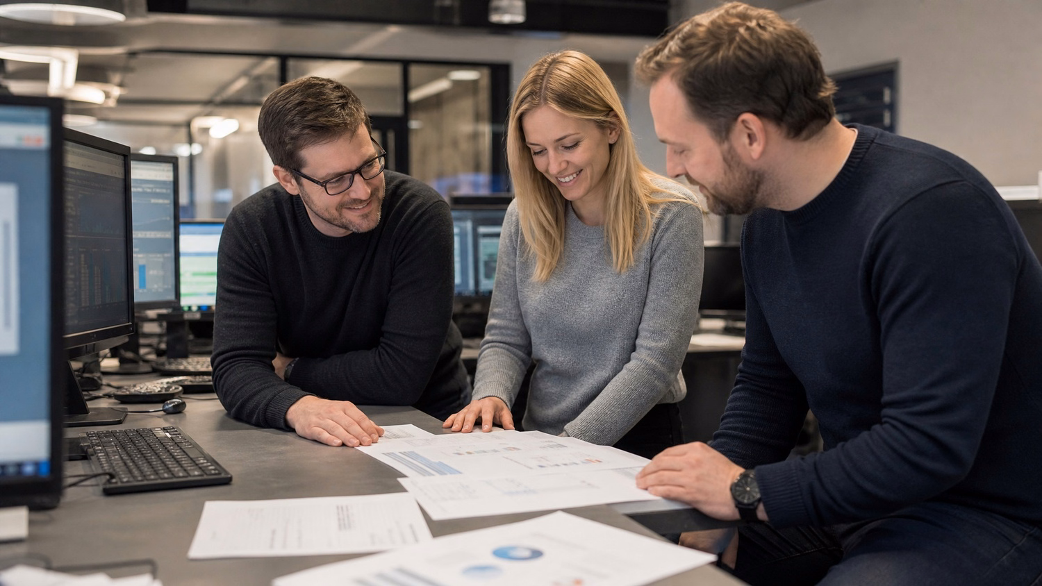 IT team reviewing printed reports at workshop table 58