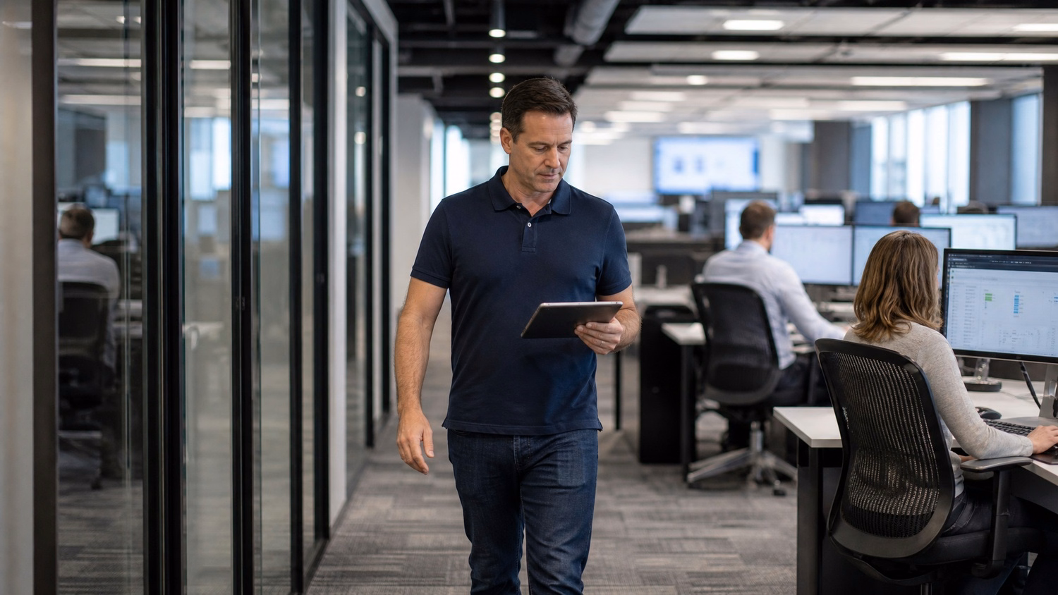 Man in navy polo walking through office with tablet