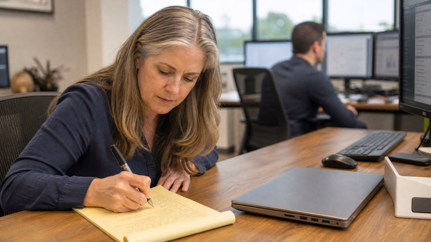 Woman handwrites notes at desk, laptop closed 52 chars