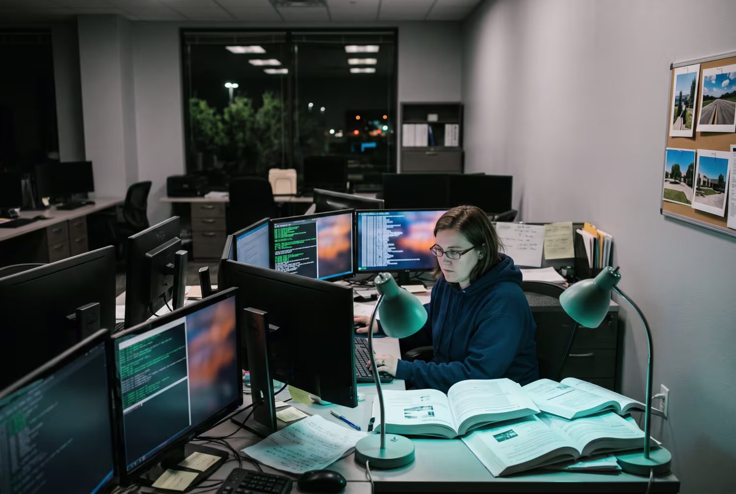 IT technician working at desktop in dimly lit office