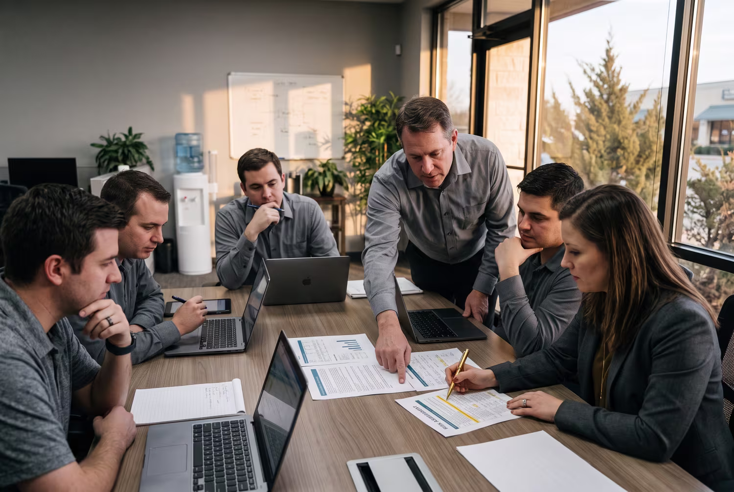 IT team discussing security risks in afternoon office light