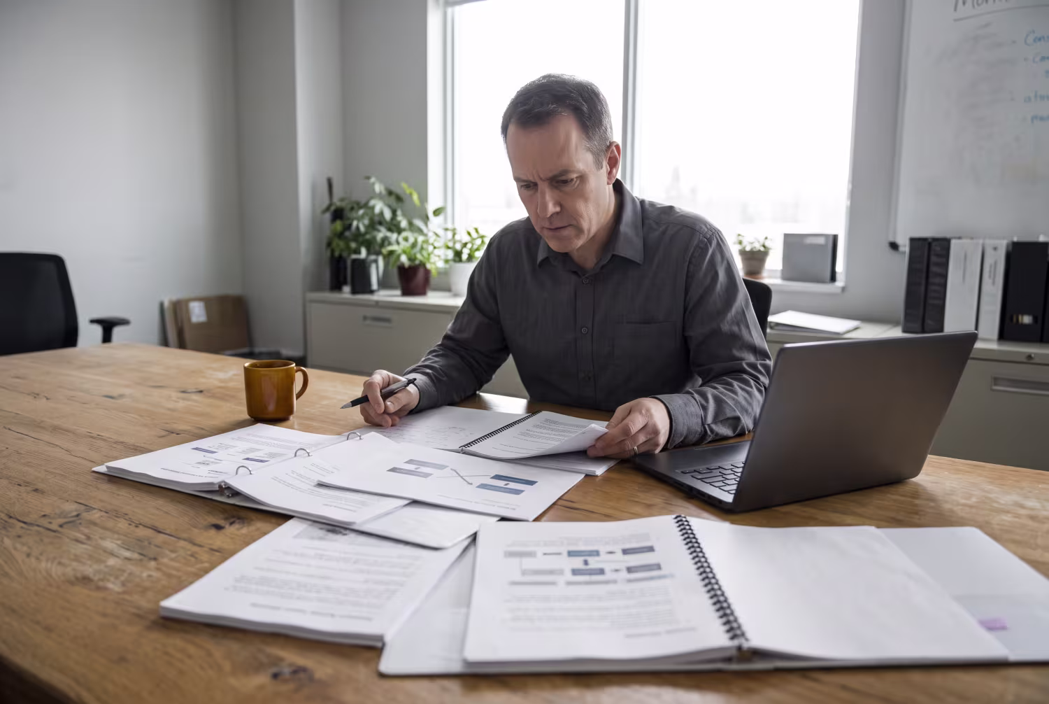 IT consultant reviewing client-transition documents for MSP company