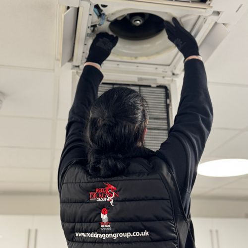 Red Dragon employee fixing fan on the ceiling.
