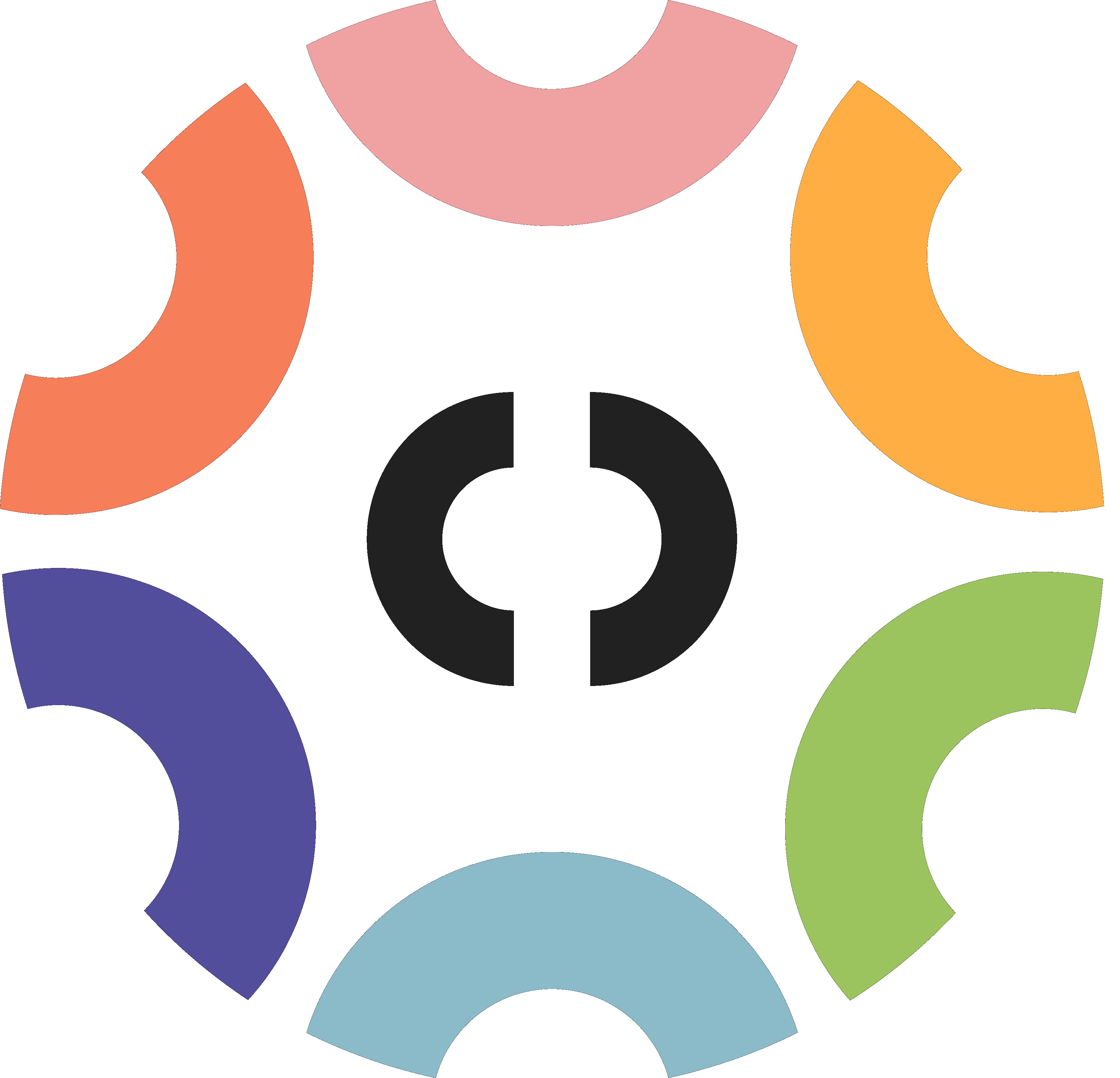 Círculo formado por seis arcos coloridos alternados ao redor de dois arcos pretos no centro.