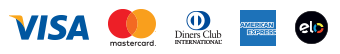 Logotipos das bandeiras Visa, Mastercard, Diners Club, American Express e Elo em sequência.