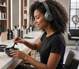 Pessoa segurando uma tigela e aplicando uma mistura com um pincel, com um celular ao lado mostrando um podcast sobre cuidados de beleza.