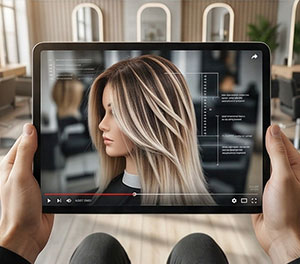 Pessoa segurando tablet que mostra vídeo demonstrativo de corte e coloração de cabelo em um salão.