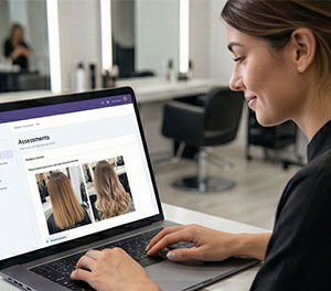 Mulher sorrindo e usando um laptop mostrando antes e depois de um cabelo em um site de avaliações.