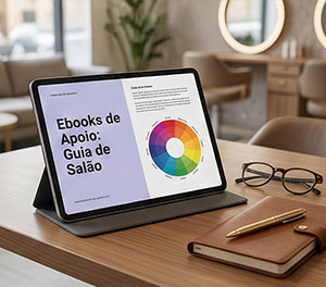 Tablet displaying an ebook titled 'Ebooks de Apoio: Guia de Salão' on a wooden desk with glasses, a notebook, and a pen nearby.