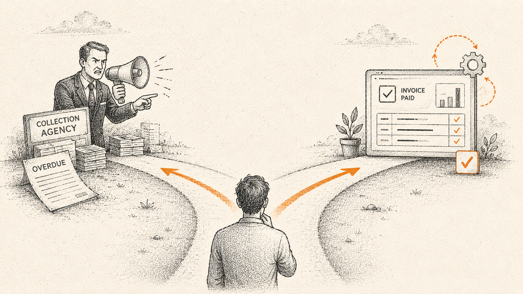 Stipple illustration of two diverging paths, one toward a person at a desk and one toward an automated system, representing the choice between a collection agency and collections software.