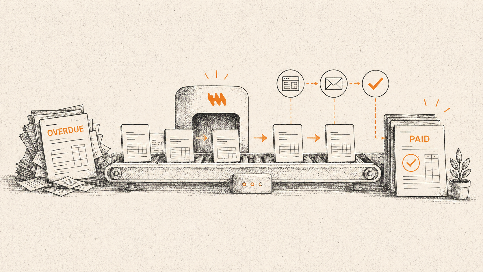 Stipple illustration of an automated system routing invoices into a tidy "paid" stack, representing debt collection software for businesses.