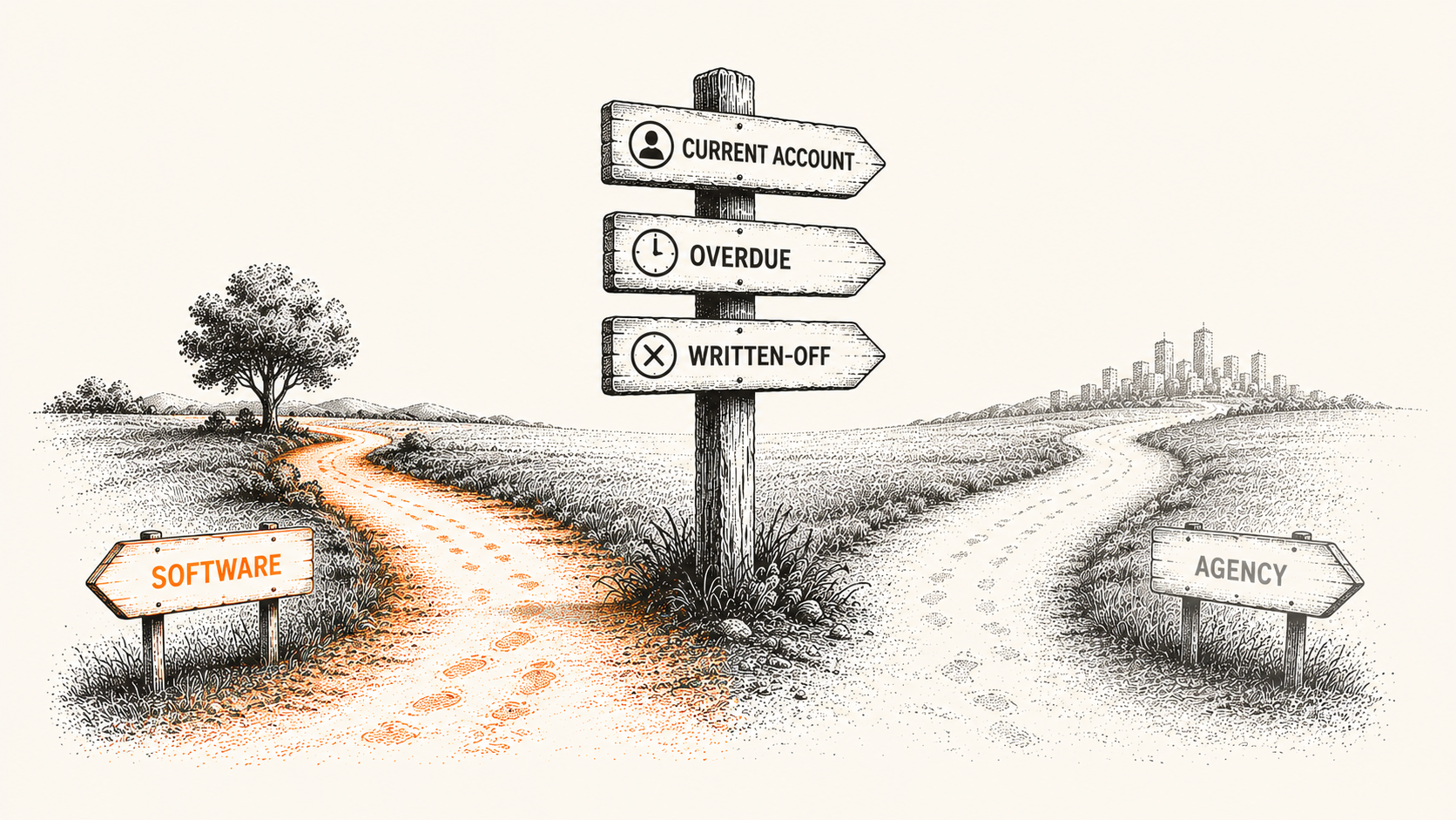 Stipple illustration of a decision crossroads with a signpost, representing when to use a collection agency versus software.