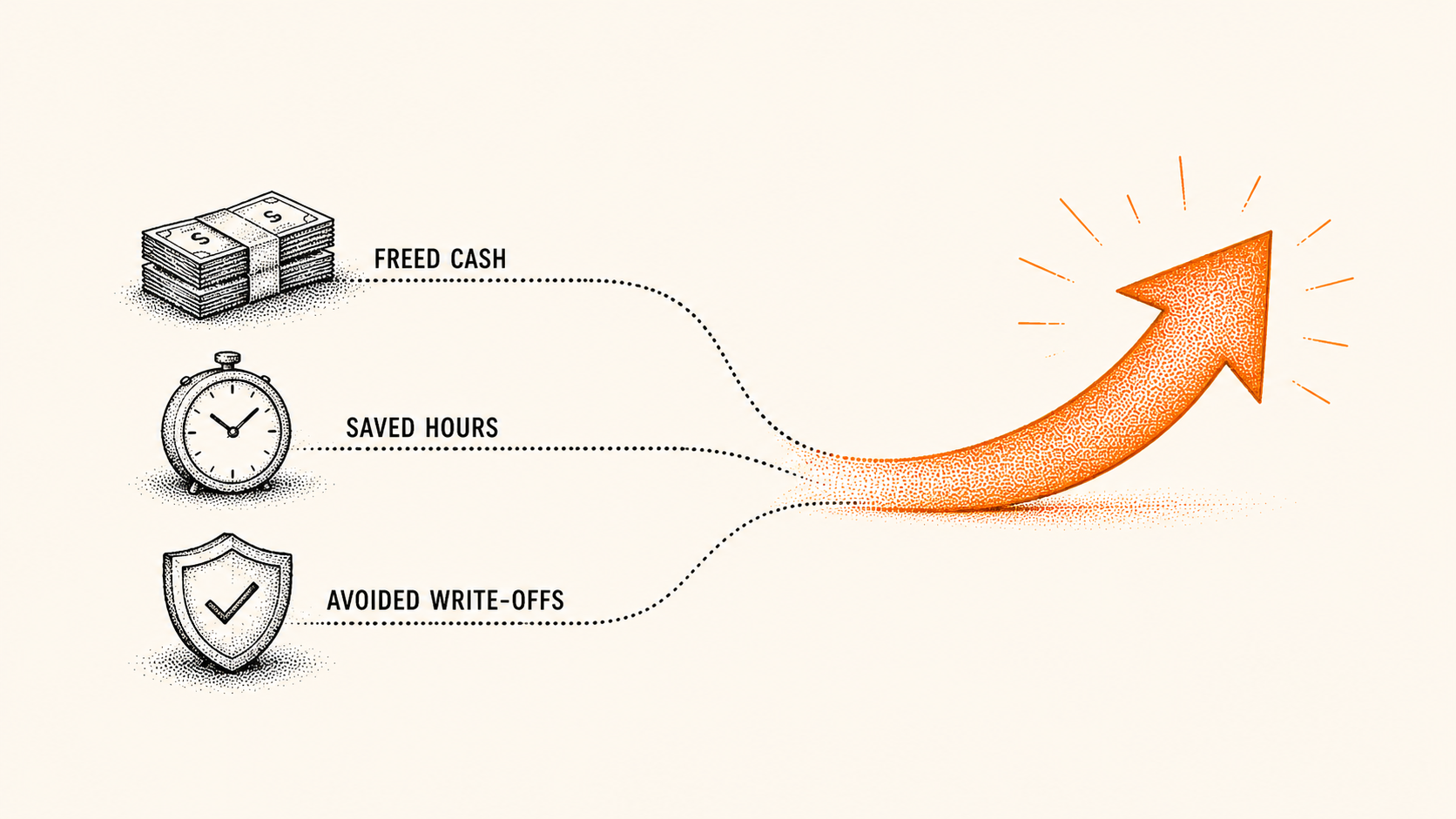 Stipple illustration of three inputs (freed cash, hours saved, bad debt avoided) adding up to return.