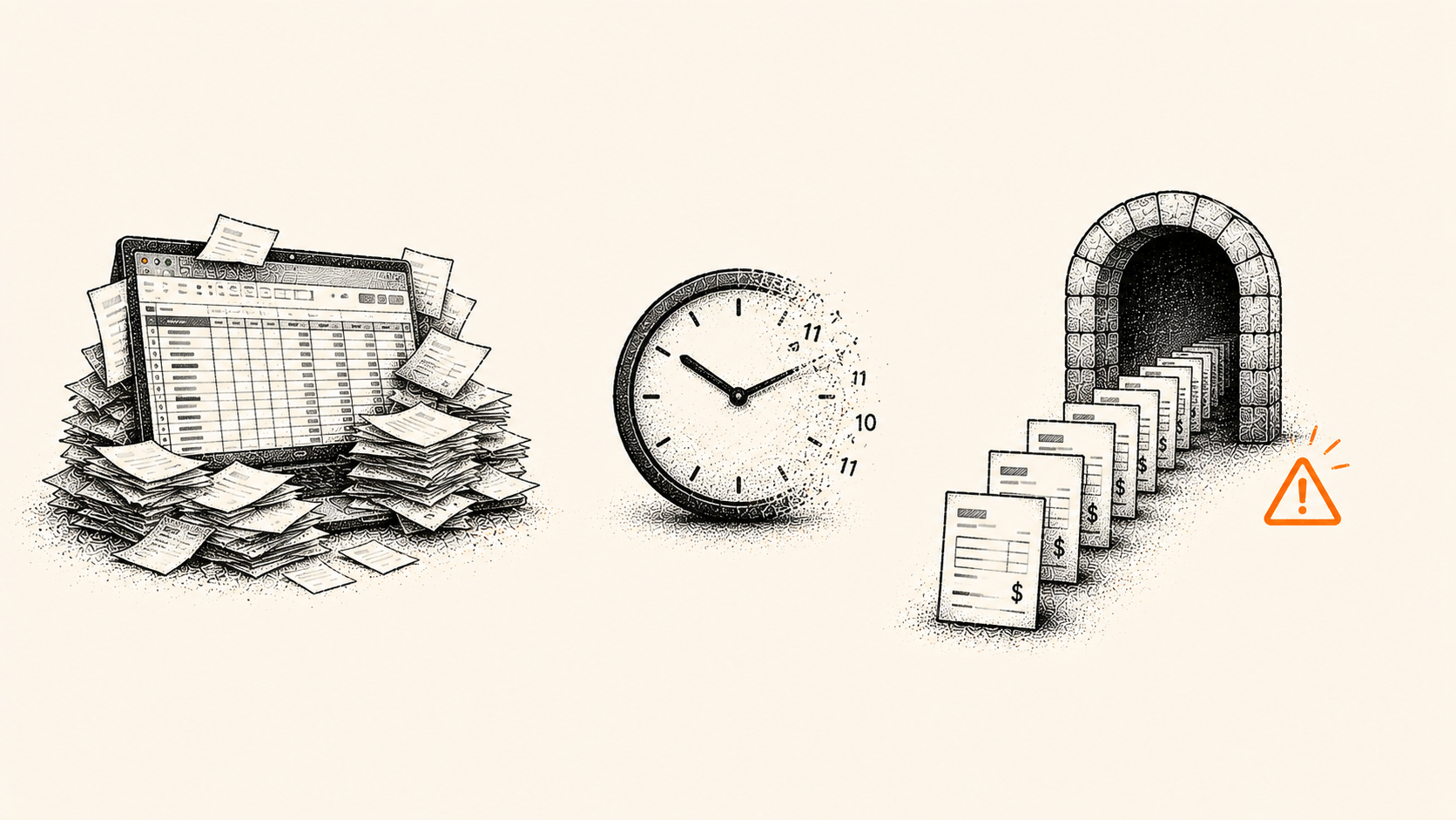 Stipple illustration of subtle warning signs in a manual AR process, like a growing spreadsheet and a quiet clock.